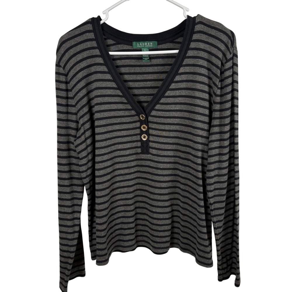 Lauren Ralph Lauren Henley Top XL Grey Black Striped Long-Sleeve Preppy Nautical